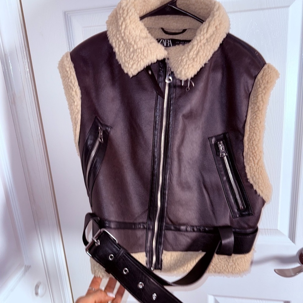 Zara Leather Vest with Shearling Trim